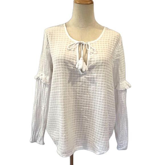Splendid White Windowpane Blouse Peasant Medium Tie Front Keyhole Boho - Picture 1 of 7